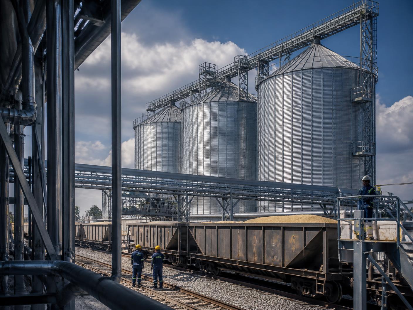 Industrial silos and rail infrastructure supporting commodity movement